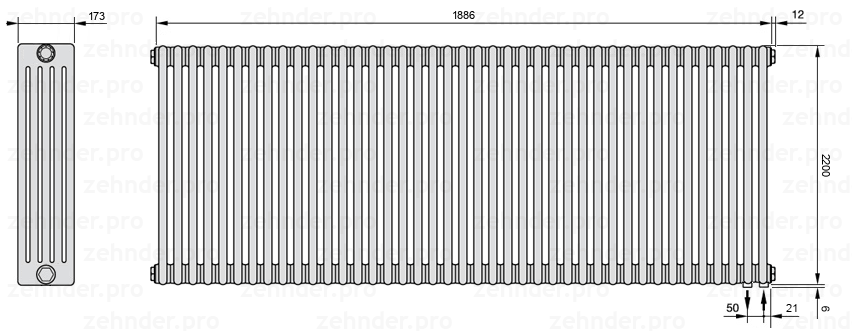 Схема (чертеж) Радиатор Zehnder Charleston 5220/41 №5510 Белый глянцевый RAL 9016